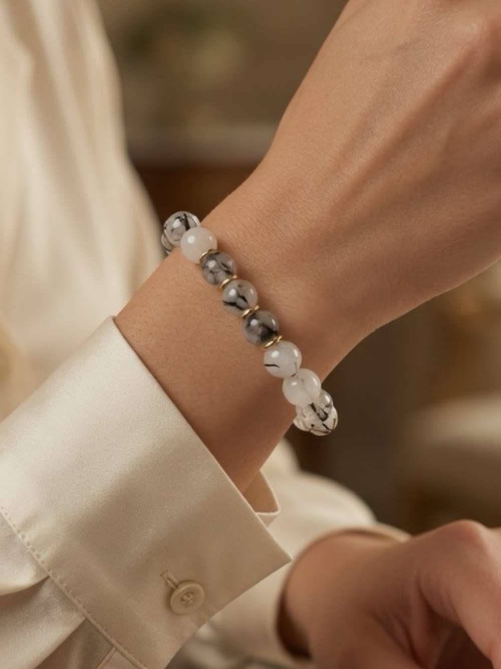 Tourmalinated Quartz Stretch Bracelet, size 6.5